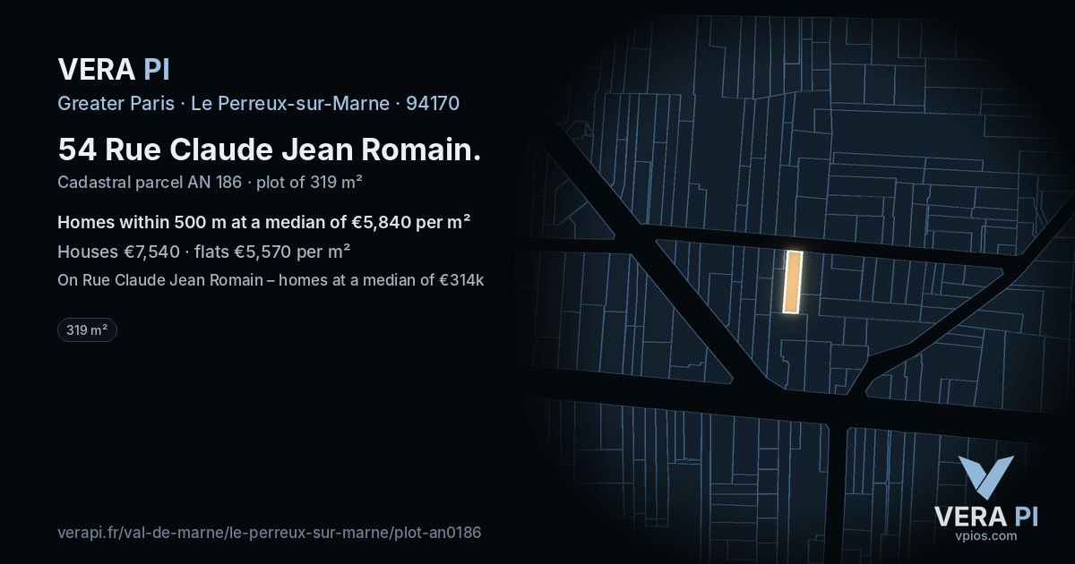 54 Rue Claude Jean Romain, Le Perreux-sur-Marne at night – the plot lit, the parcels around coloured by the prices near them