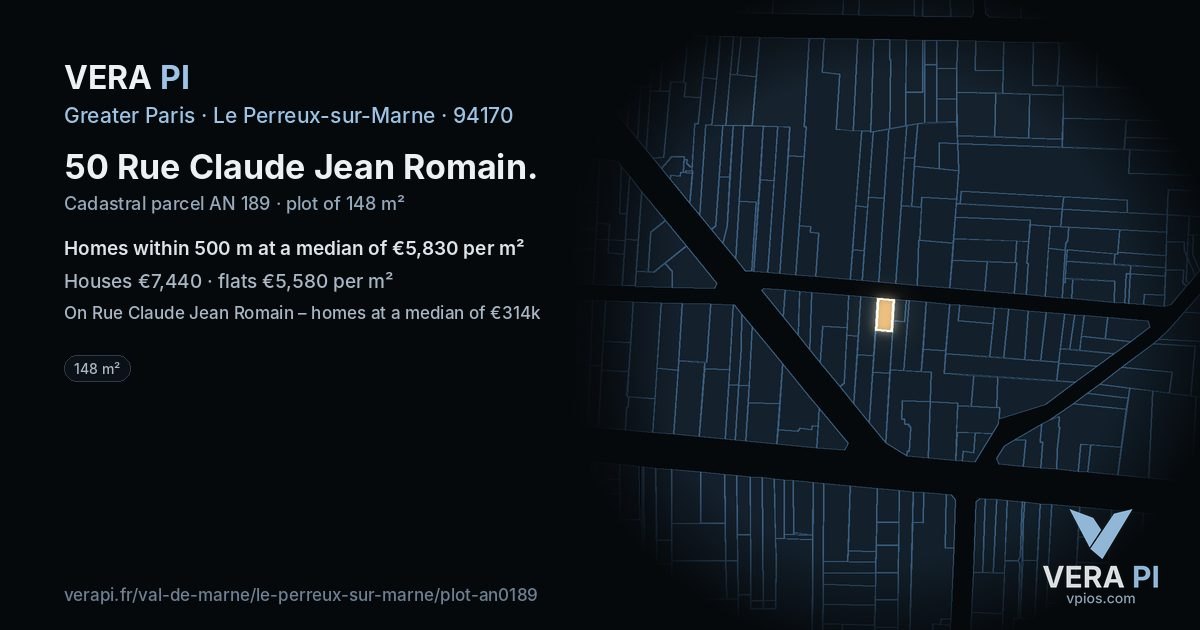50 Rue Claude Jean Romain, Le Perreux-sur-Marne at night – the plot lit, the parcels around coloured by the prices near them