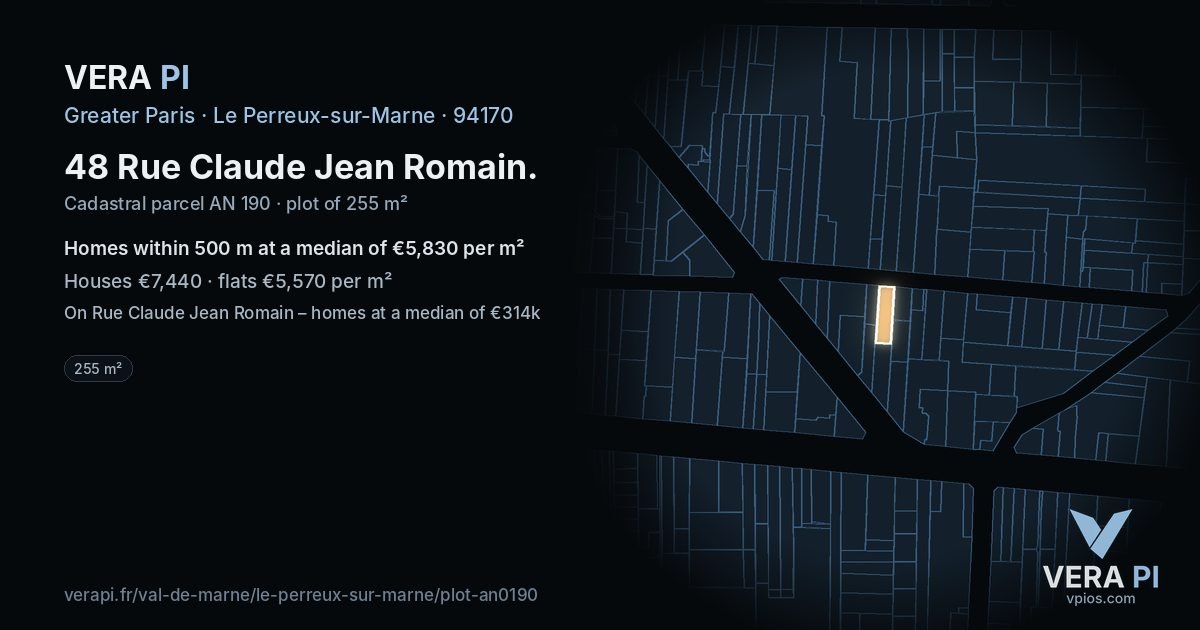 48 Rue Claude Jean Romain, Le Perreux-sur-Marne at night – the plot lit, the parcels around coloured by the prices near them