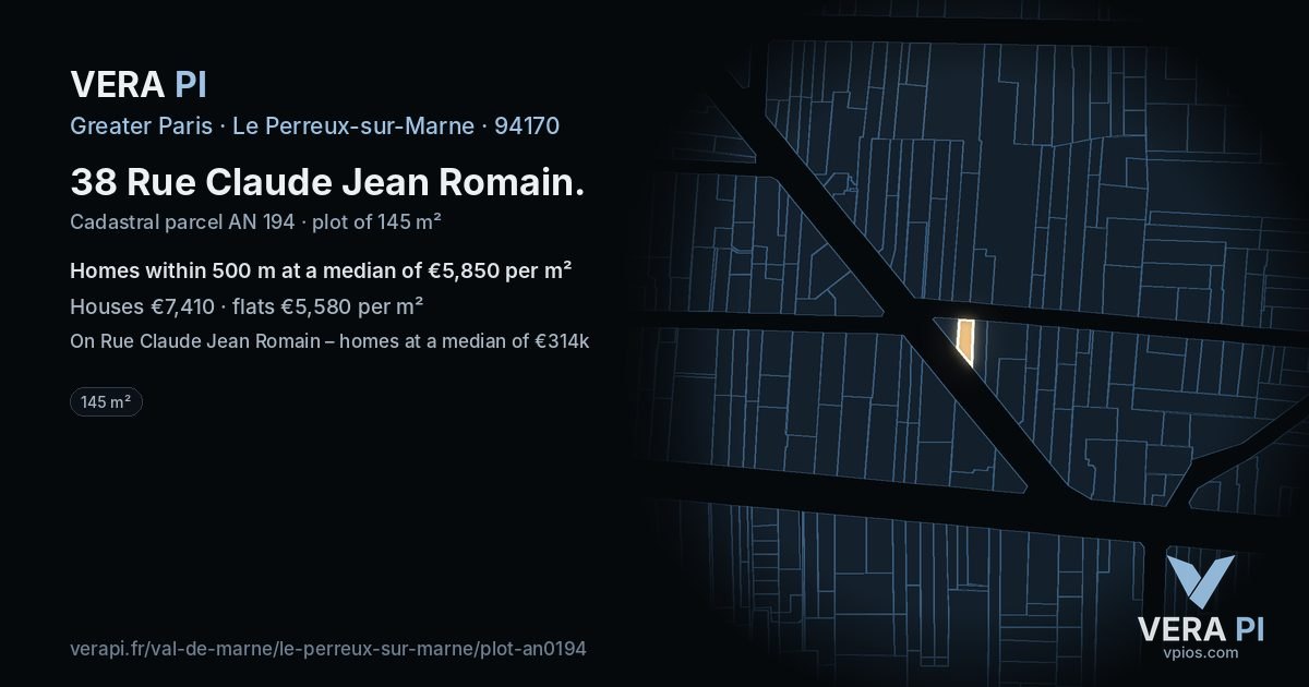 38 Rue Claude Jean Romain, Le Perreux-sur-Marne at night – the plot lit, the parcels around coloured by the prices near them