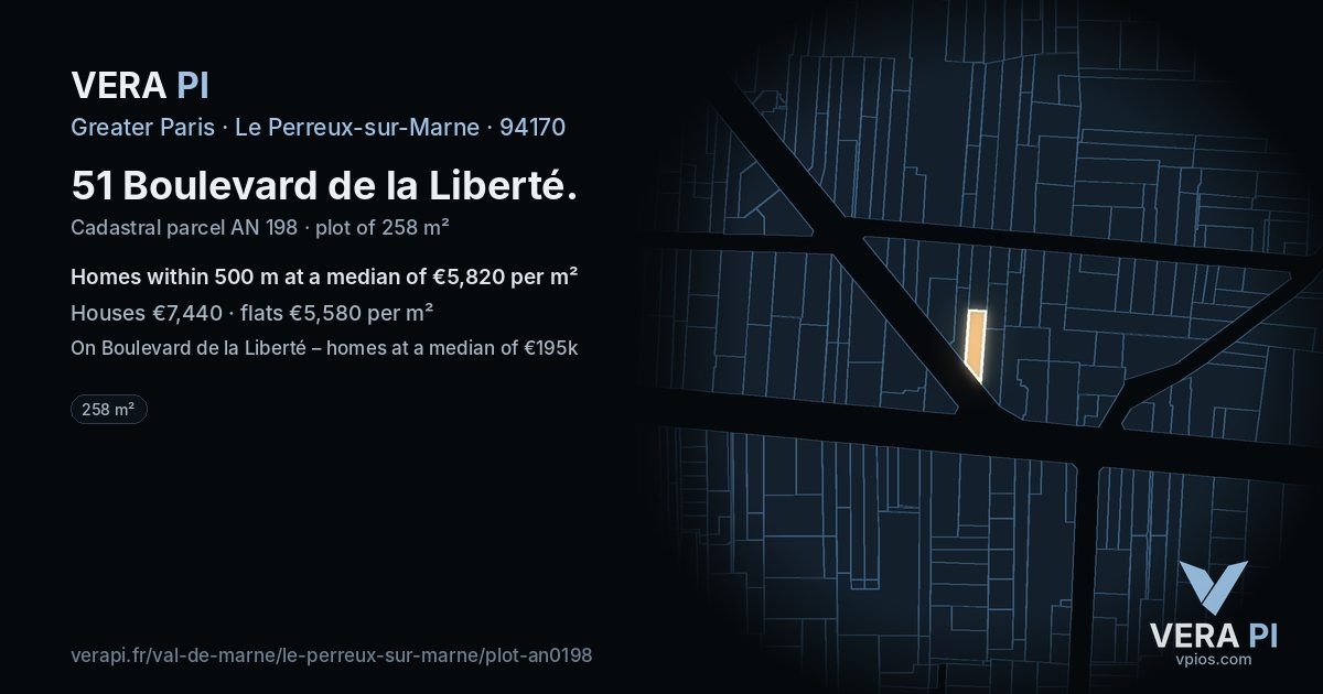 51 Boulevard de la Liberté, Le Perreux-sur-Marne at night – the plot lit, the parcels around coloured by the prices near them