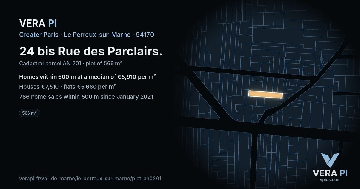 24 bis Rue des Parclairs, Le Perreux-sur-Marne at night – the plot lit, the parcels around coloured by the prices near them