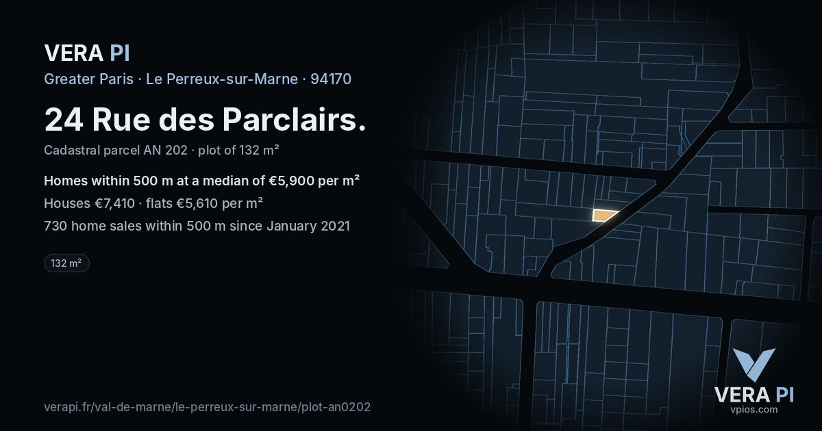 24 Rue des Parclairs, Le Perreux-sur-Marne at night – the plot lit, the parcels around coloured by the prices near them