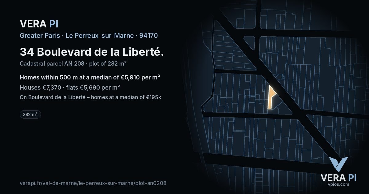 34 Boulevard de la Liberté, Le Perreux-sur-Marne at night – the plot lit, the parcels around coloured by the prices near them