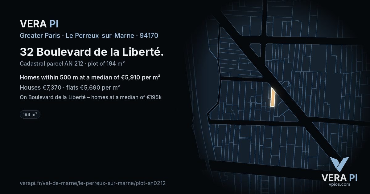 32 Boulevard de la Liberté, Le Perreux-sur-Marne at night – the plot lit, the parcels around coloured by the prices near them