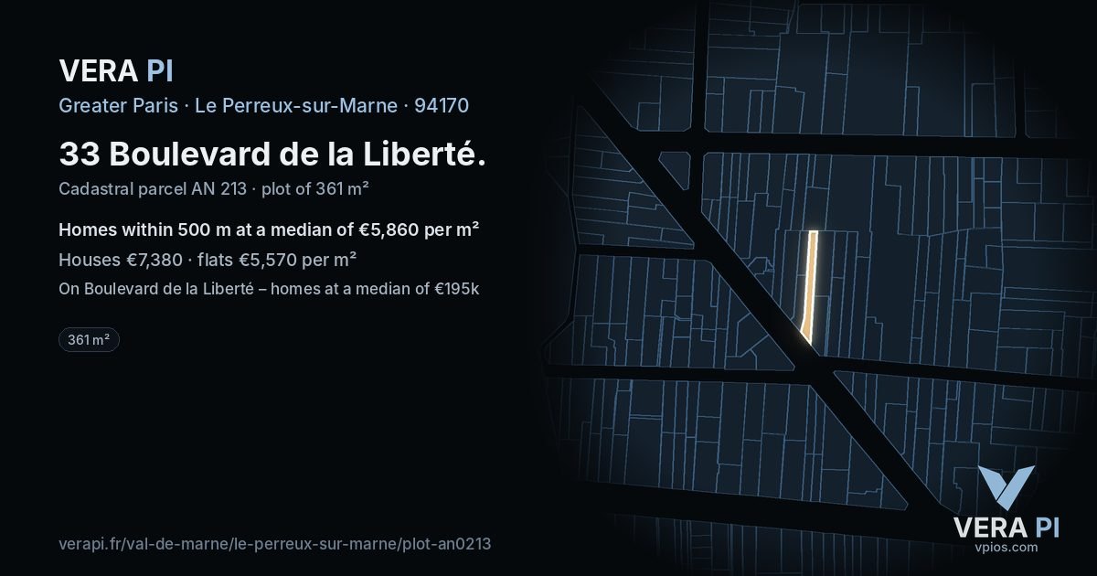33 Boulevard de la Liberté, Le Perreux-sur-Marne at night – the plot lit, the parcels around coloured by the prices near them