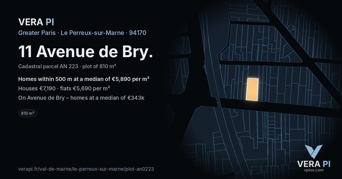 11 Avenue de Bry, Le Perreux-sur-Marne at night – the plot lit, the parcels around coloured by the prices near them