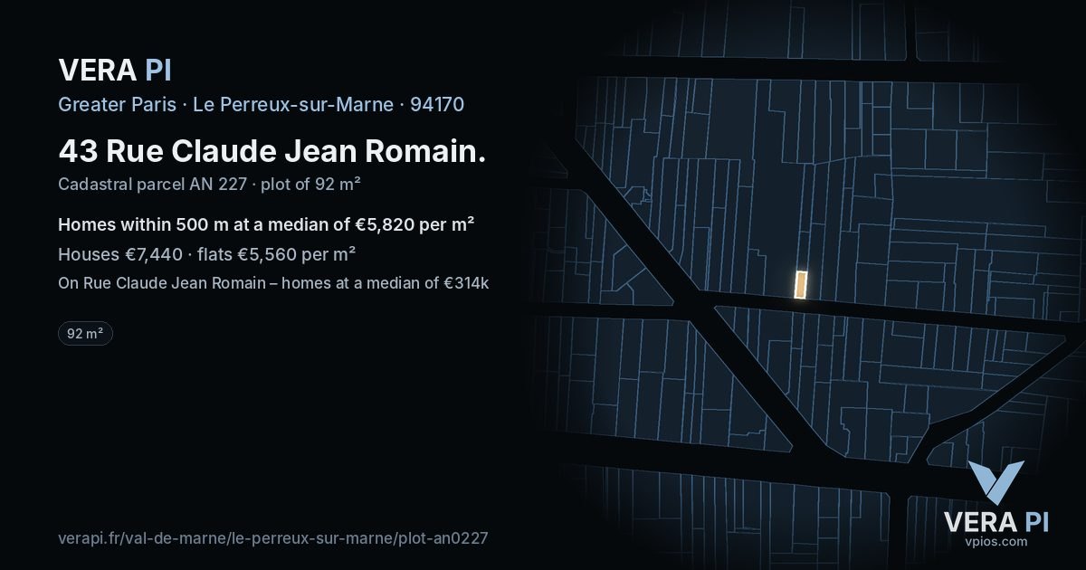 43 Rue Claude Jean Romain, Le Perreux-sur-Marne at night – the plot lit, the parcels around coloured by the prices near them