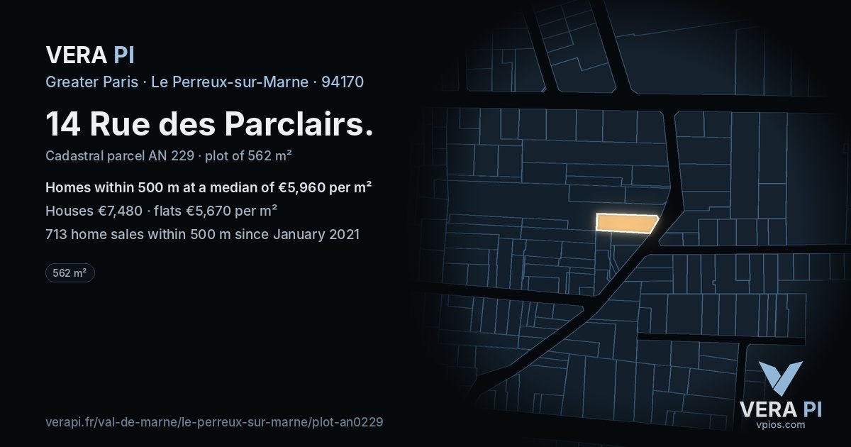 14 Rue des Parclairs, Le Perreux-sur-Marne at night – the plot lit, the parcels around coloured by the prices near them