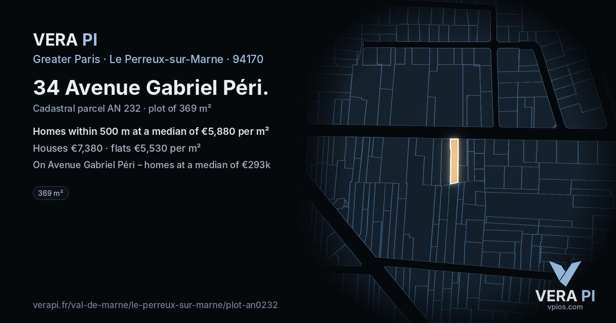 34 Avenue Gabriel Péri, Le Perreux-sur-Marne at night – the plot lit, the parcels around coloured by the prices near them