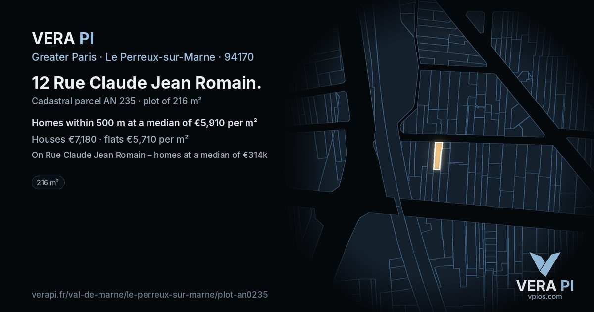 12 Rue Claude Jean Romain, Le Perreux-sur-Marne at night – the plot lit, the parcels around coloured by the prices near them