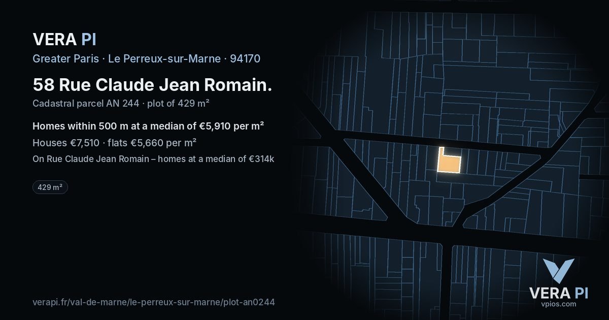58 Rue Claude Jean Romain, Le Perreux-sur-Marne at night – the plot lit, the parcels around coloured by the prices near them