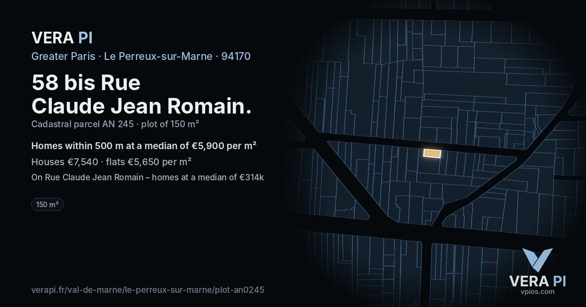 58 bis Rue Claude Jean Romain, Le Perreux-sur-Marne at night – the plot lit, the parcels around coloured by the prices near them