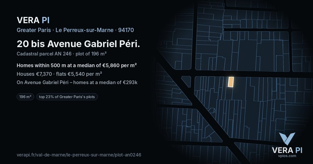 20 bis Avenue Gabriel Péri, Le Perreux-sur-Marne at night – the plot lit, the parcels around coloured by the prices near them