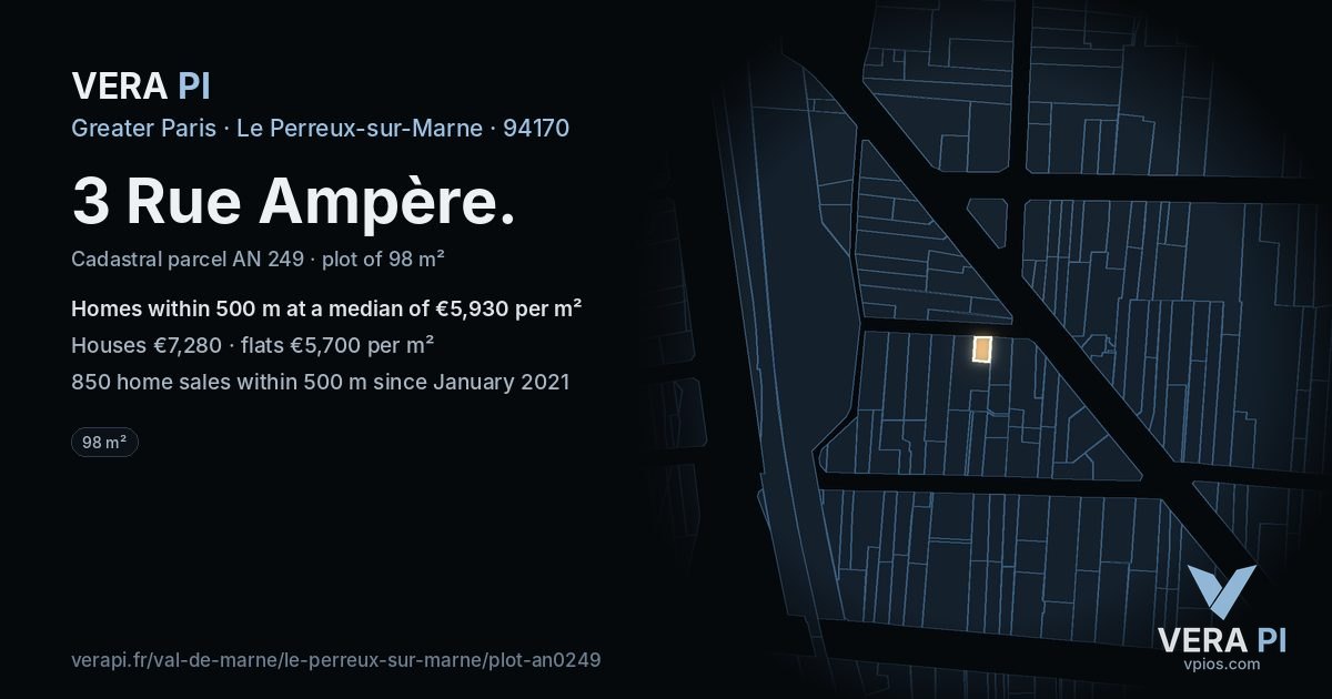 3 Rue Ampère, Le Perreux-sur-Marne at night – the plot lit, the parcels around coloured by the prices near them