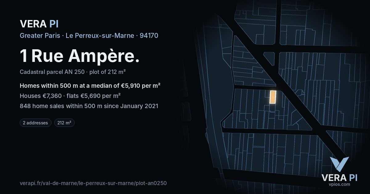 1 Rue Ampère, Le Perreux-sur-Marne at night – the plot lit, the parcels around coloured by the prices near them