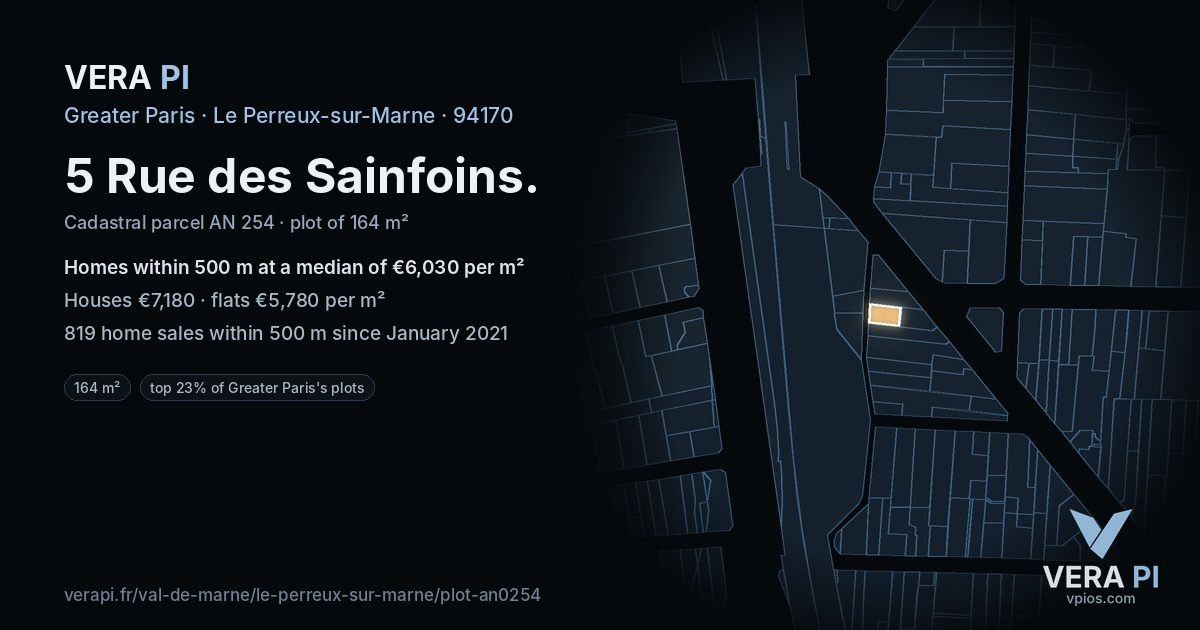 5 Rue des Sainfoins, Le Perreux-sur-Marne at night – the plot lit, the parcels around coloured by the prices near them
