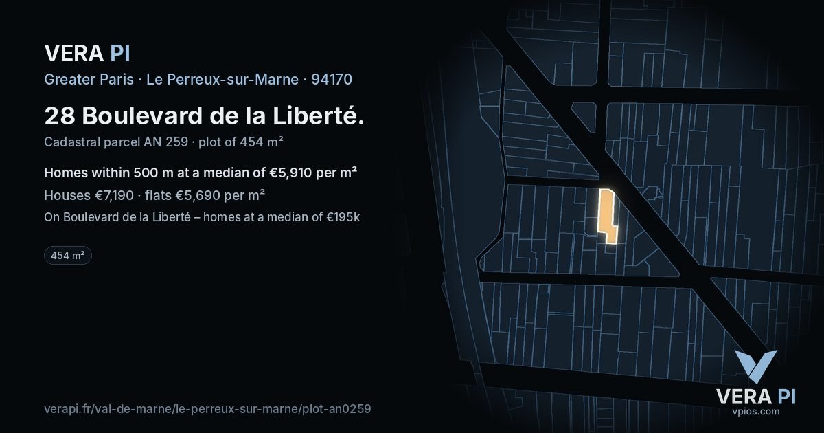 28 Boulevard de la Liberté, Le Perreux-sur-Marne at night – the plot lit, the parcels around coloured by the prices near them