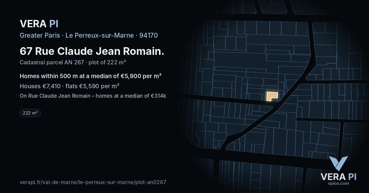 67 Rue Claude Jean Romain, Le Perreux-sur-Marne at night – the plot lit, the parcels around coloured by the prices near them