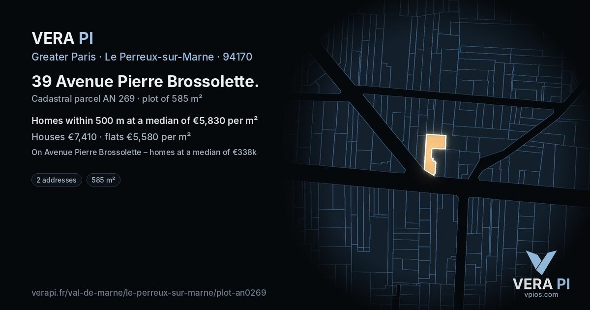 39 Avenue Pierre Brossolette, Le Perreux-sur-Marne at night – the plot lit, the parcels around coloured by the prices near them