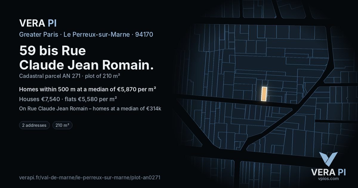 59 bis Rue Claude Jean Romain, Le Perreux-sur-Marne at night – the plot lit, the parcels around coloured by the prices near them