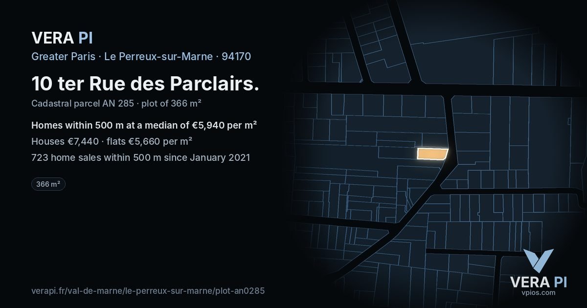 10 ter Rue des Parclairs, Le Perreux-sur-Marne at night – the plot lit, the parcels around coloured by the prices near them