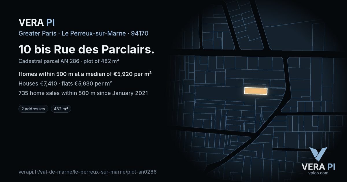 10 bis Rue des Parclairs, Le Perreux-sur-Marne at night – the plot lit, the parcels around coloured by the prices near them