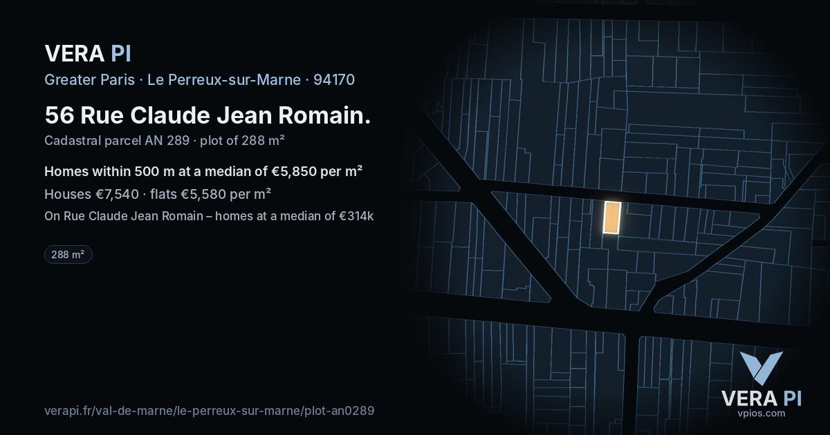 56 Rue Claude Jean Romain, Le Perreux-sur-Marne at night – the plot lit, the parcels around coloured by the prices near them