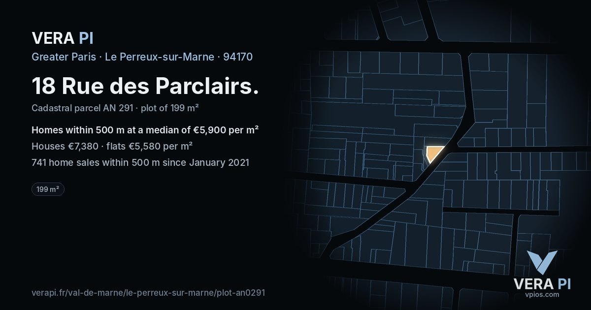 18 Rue des Parclairs, Le Perreux-sur-Marne at night – the plot lit, the parcels around coloured by the prices near them