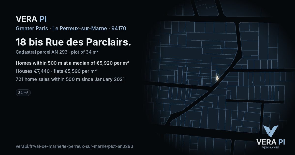 18 bis Rue des Parclairs, Le Perreux-sur-Marne at night – the plot lit, the parcels around coloured by the prices near them