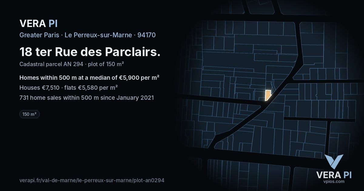 18 ter Rue des Parclairs, Le Perreux-sur-Marne at night – the plot lit, the parcels around coloured by the prices near them