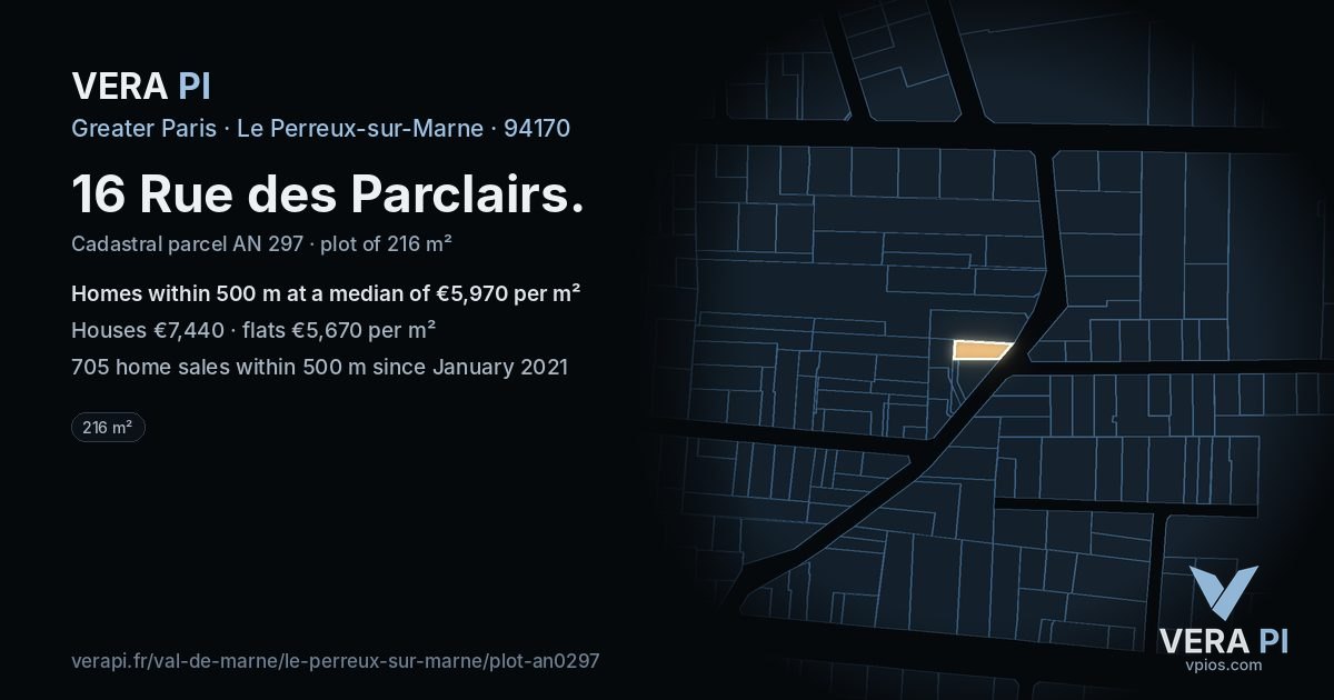16 Rue des Parclairs, Le Perreux-sur-Marne at night – the plot lit, the parcels around coloured by the prices near them