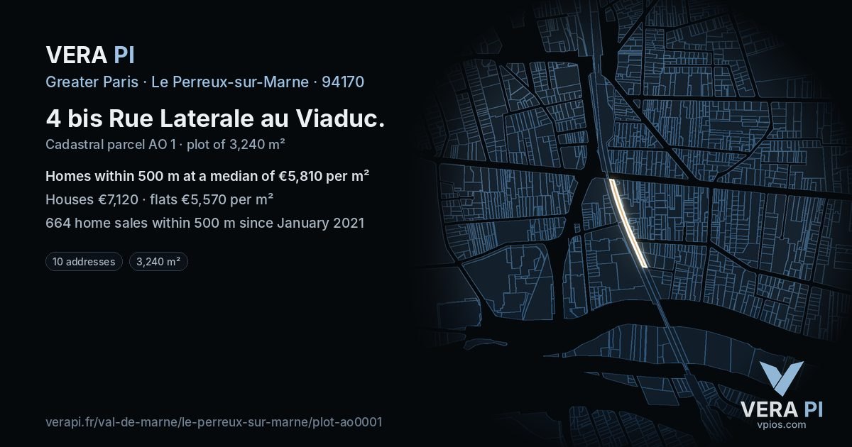 4 bis Rue Laterale au Viaduc, Le Perreux-sur-Marne at night – the plot lit, the parcels around coloured by the prices near them