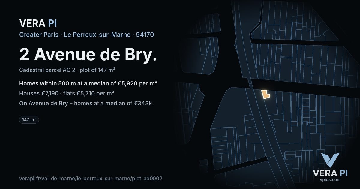 2 Avenue de Bry, Le Perreux-sur-Marne at night – the plot lit, the parcels around coloured by the prices near them
