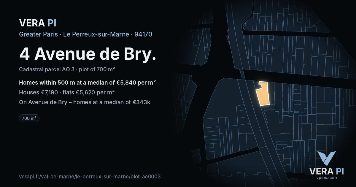 4 Avenue de Bry, Le Perreux-sur-Marne at night – the plot lit, the parcels around coloured by the prices near them