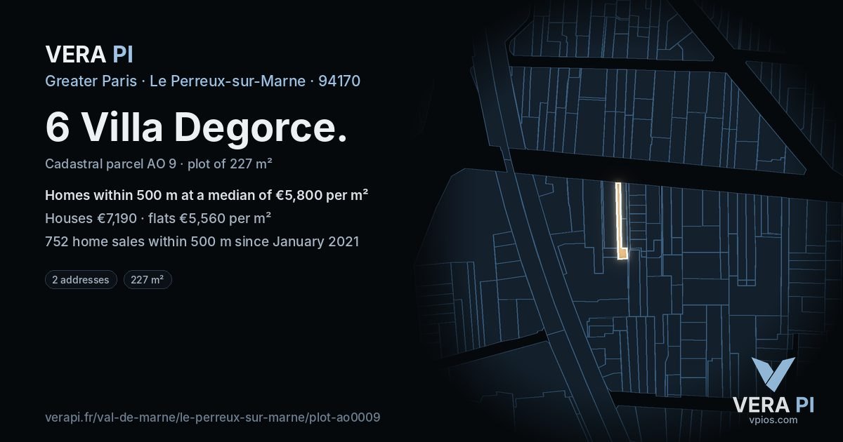 6 Villa Degorce, Le Perreux-sur-Marne at night – the plot lit, the parcels around coloured by the prices near them
