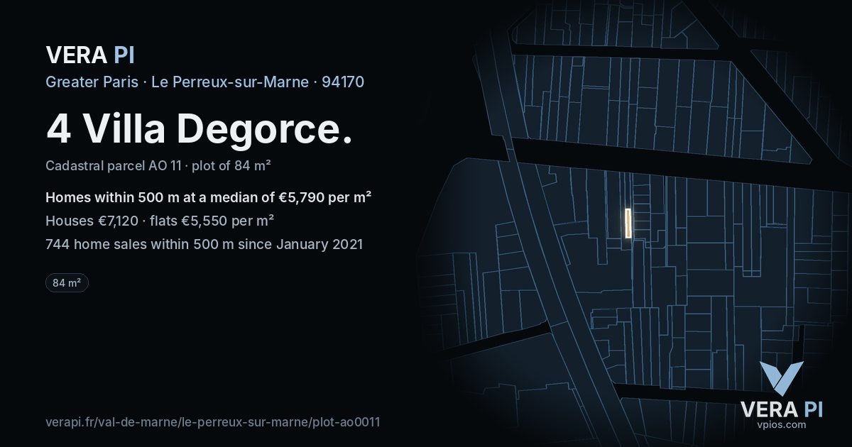 4 Villa Degorce, Le Perreux-sur-Marne at night – the plot lit, the parcels around coloured by the prices near them