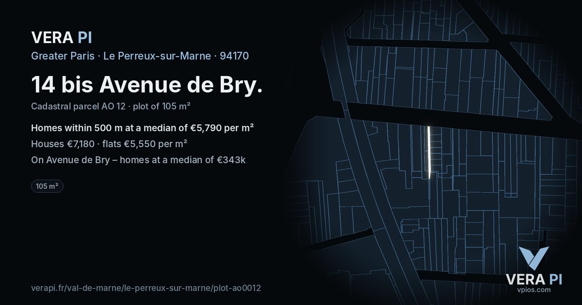14 bis Avenue de Bry, Le Perreux-sur-Marne at night – the plot lit, the parcels around coloured by the prices near them