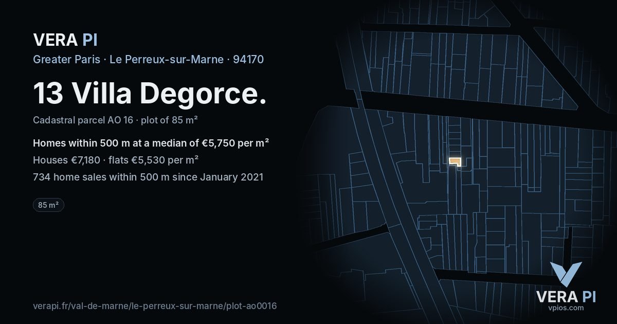 13 Villa Degorce, Le Perreux-sur-Marne at night – the plot lit, the parcels around coloured by the prices near them