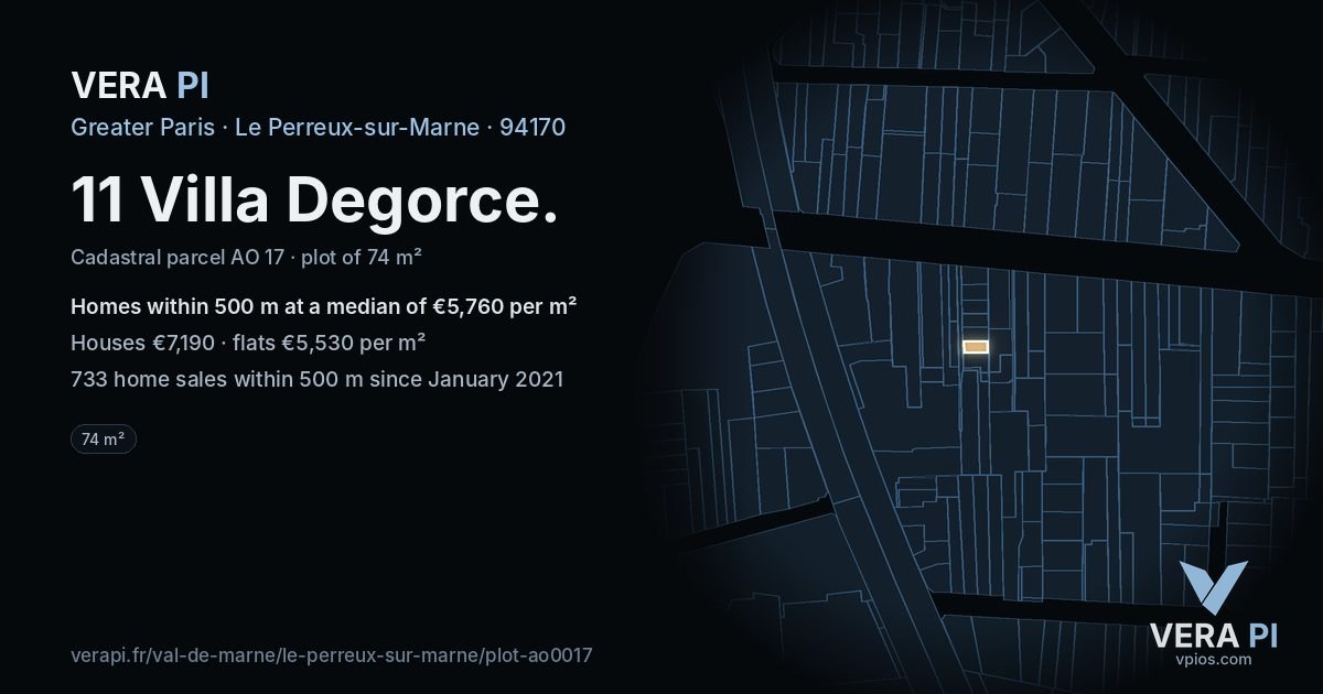 11 Villa Degorce, Le Perreux-sur-Marne at night – the plot lit, the parcels around coloured by the prices near them
