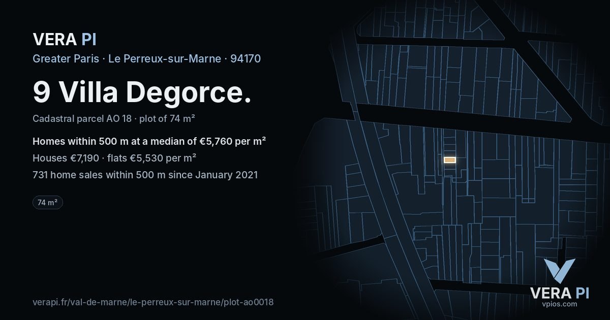 9 Villa Degorce, Le Perreux-sur-Marne at night – the plot lit, the parcels around coloured by the prices near them
