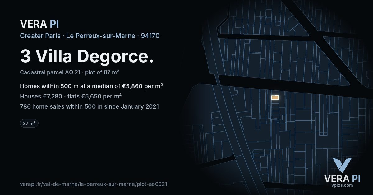 3 Villa Degorce, Le Perreux-sur-Marne at night – the plot lit, the parcels around coloured by the prices near them