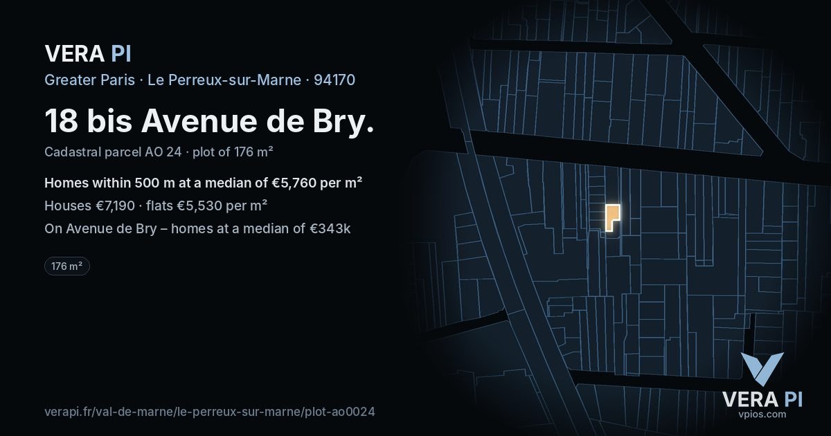 18 bis Avenue de Bry, Le Perreux-sur-Marne at night – the plot lit, the parcels around coloured by the prices near them