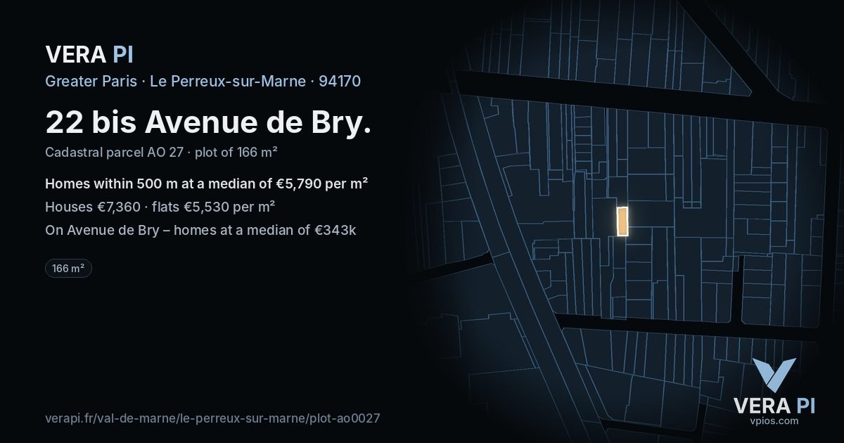 22 bis Avenue de Bry, Le Perreux-sur-Marne at night – the plot lit, the parcels around coloured by the prices near them