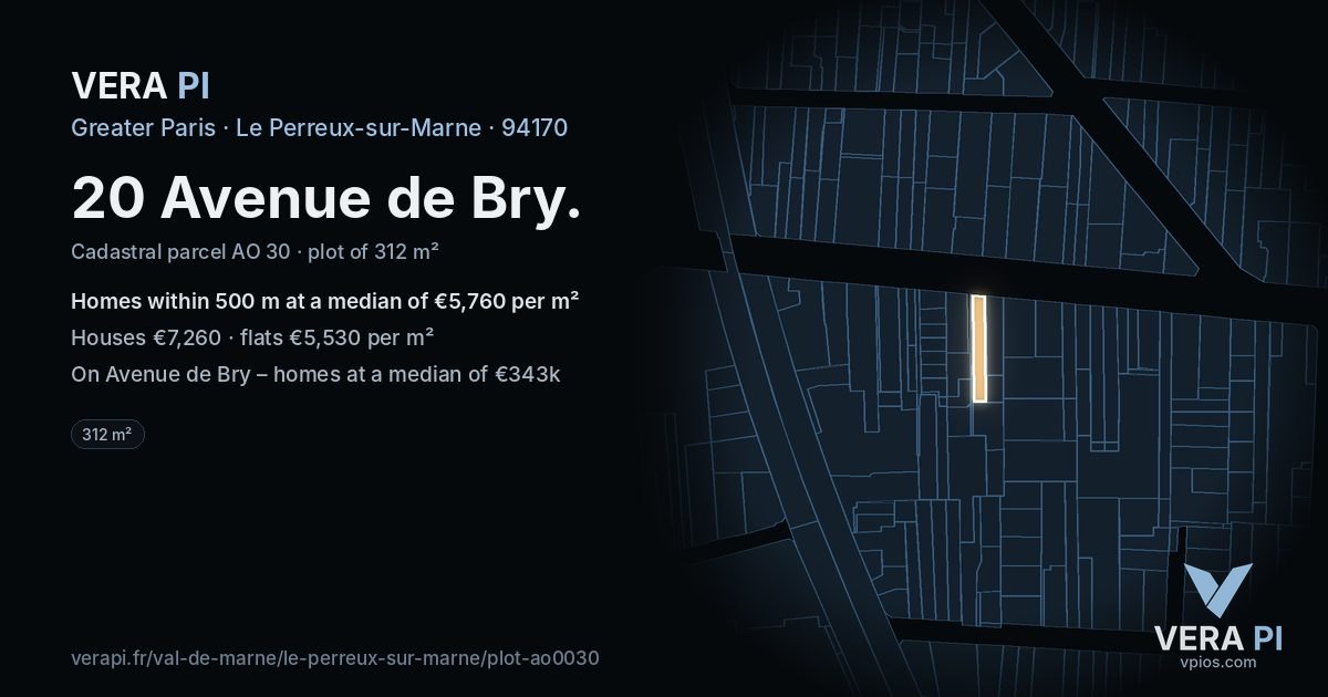 20 Avenue de Bry, Le Perreux-sur-Marne at night – the plot lit, the parcels around coloured by the prices near them