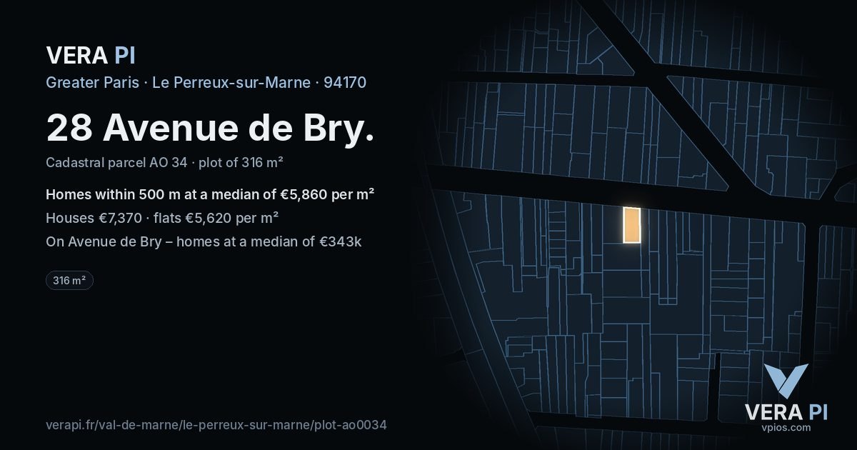 28 Avenue de Bry, Le Perreux-sur-Marne at night – the plot lit, the parcels around coloured by the prices near them