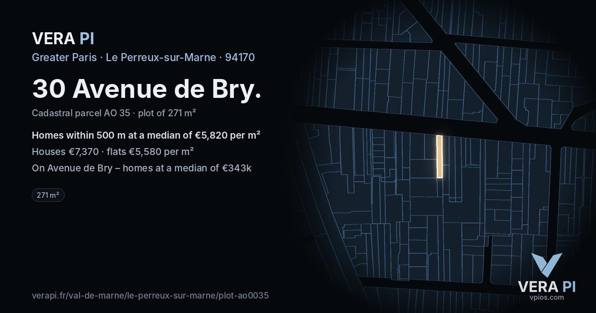 30 Avenue de Bry, Le Perreux-sur-Marne at night – the plot lit, the parcels around coloured by the prices near them