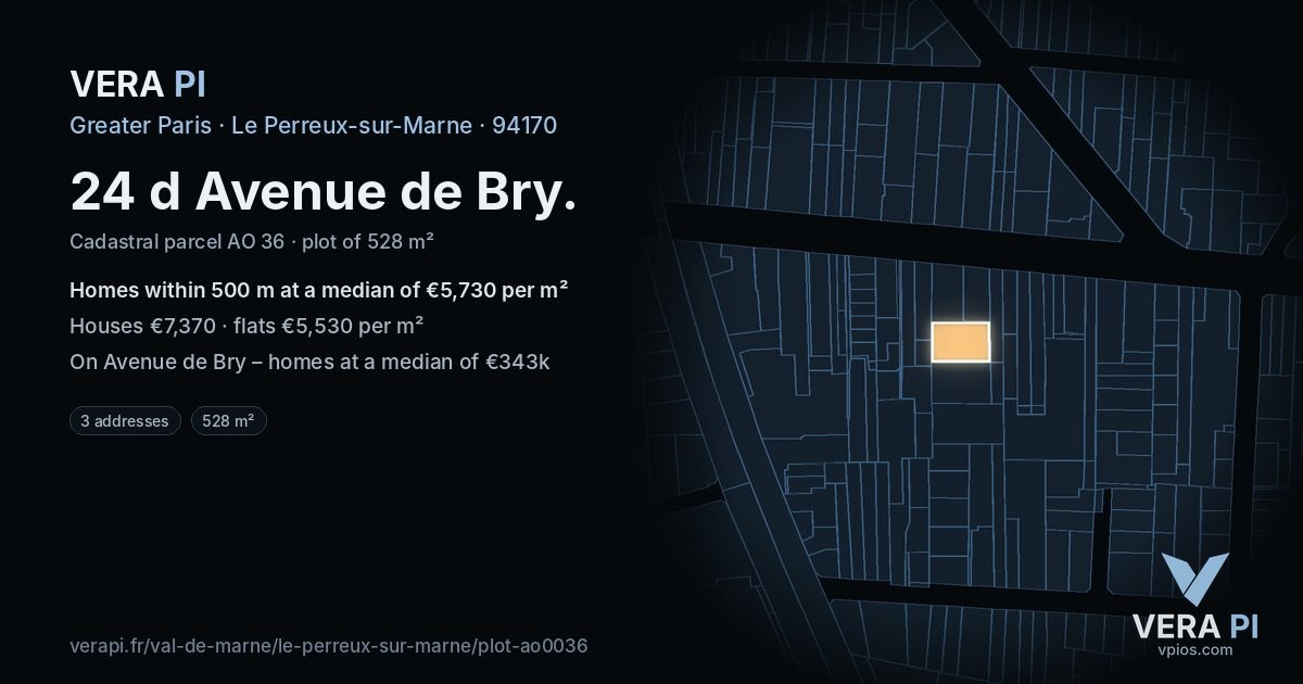 24 d Avenue de Bry, Le Perreux-sur-Marne at night – the plot lit, the parcels around coloured by the prices near them