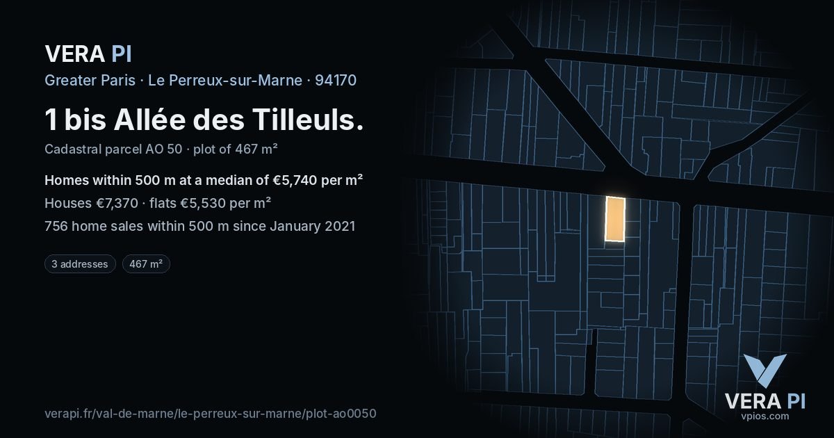 1 bis Allée des Tilleuls, Le Perreux-sur-Marne at night – the plot lit, the parcels around coloured by the prices near them