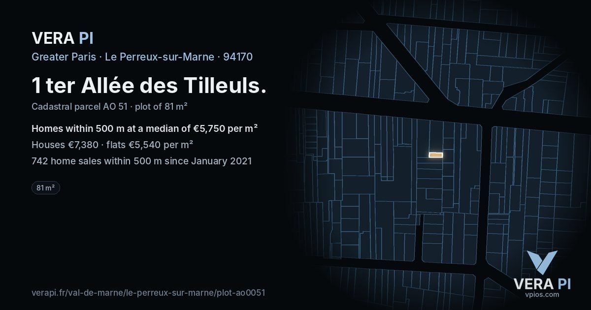 1 ter Allée des Tilleuls, Le Perreux-sur-Marne at night – the plot lit, the parcels around coloured by the prices near them